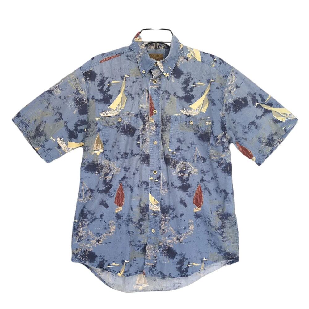 Vtg Ivy Crew Explorer Men's M Nautical Short Sleeve Button Down Shirt Sailboats
